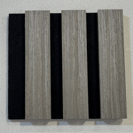 Four rectangular sample panels with a light gray woodgrain finish, alternating with two narrow black panels, shown against a light textured background.