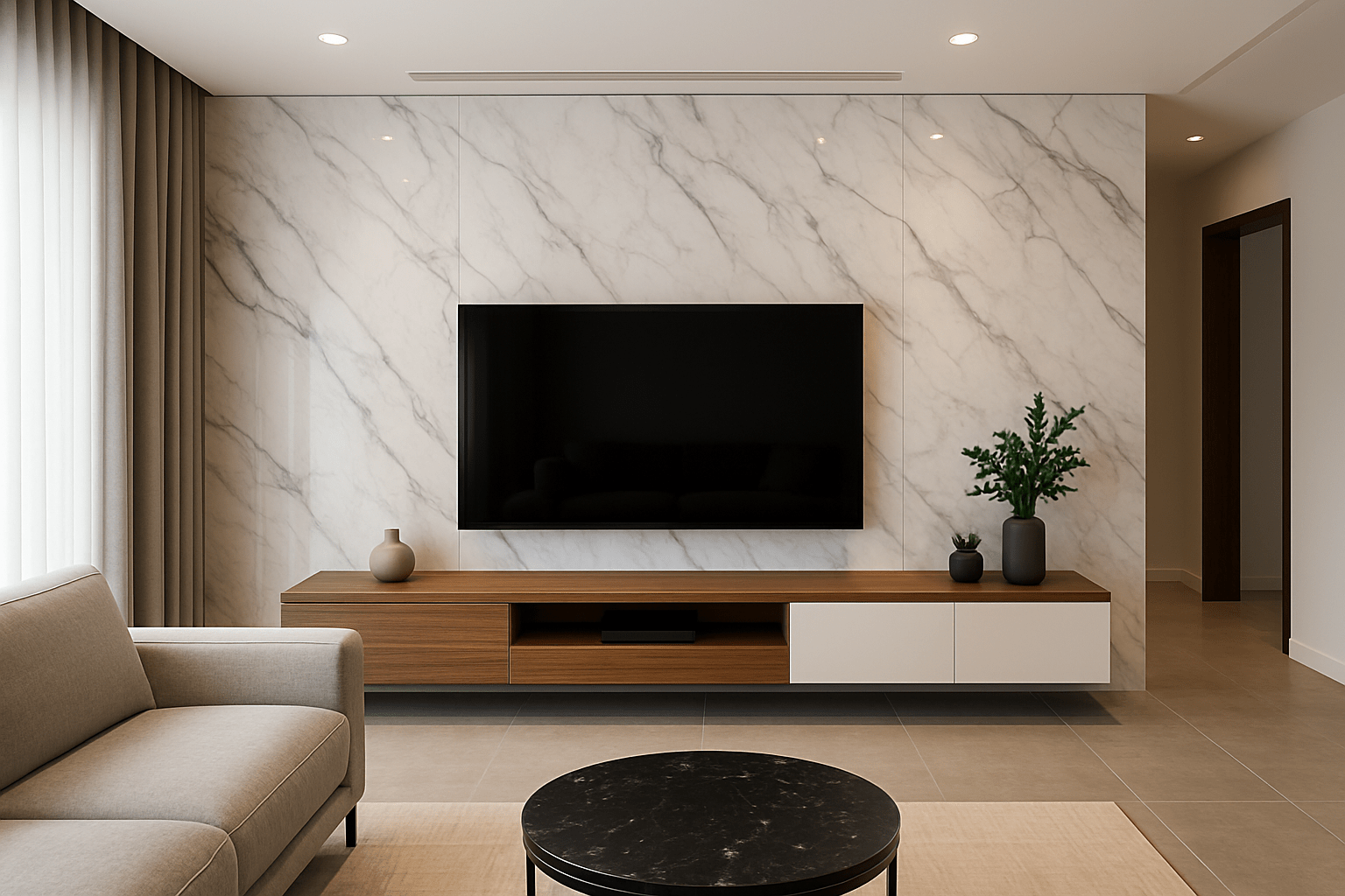 Modern marble sheet feature wall behind a TV unit.