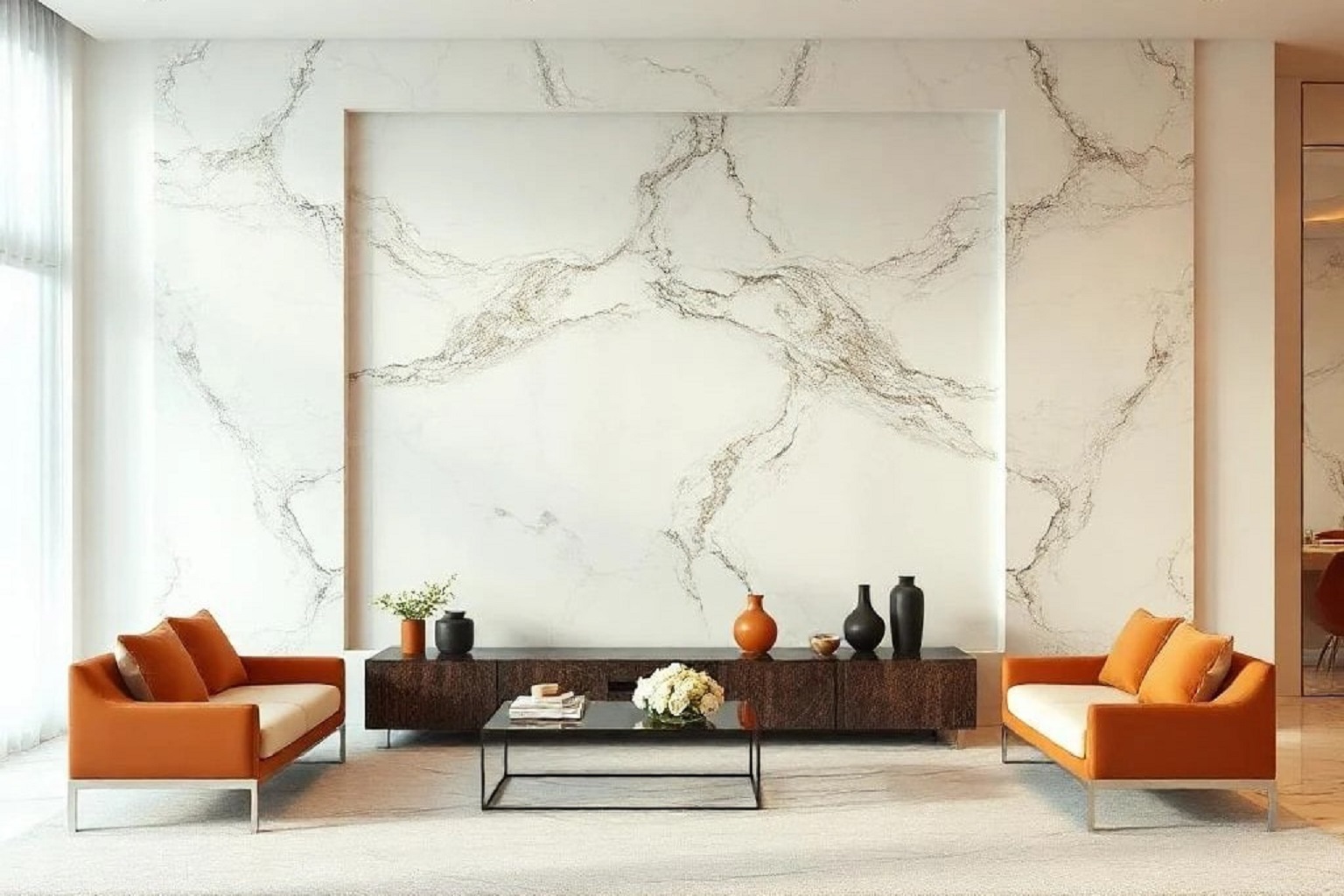 Interior design finished with marble sheets. 