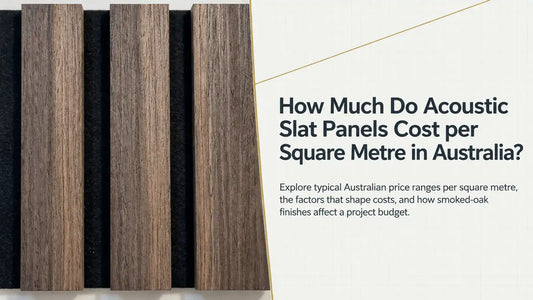 Acoustic slat panel cost guide title card with a close-up of walnut slat panels on felt backing