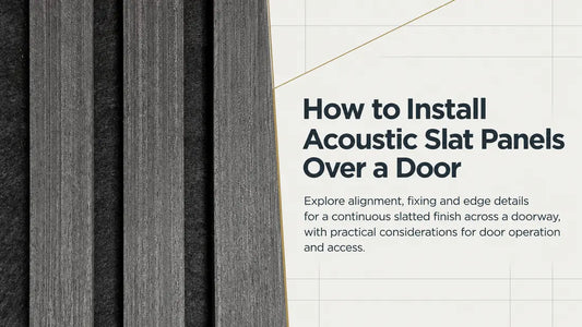 How to install acoustic slat panels over a door – close-up of grey slatted acoustic panels with article title