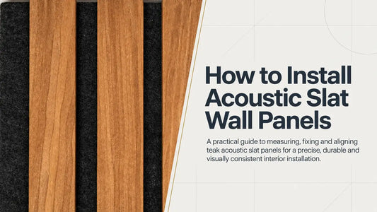 How to Install Acoustic Slat Wall Panels title beside teak acoustic slat panels with dark acoustic backing