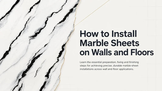Installer measuring and marking a white marble-look sheet before cutting