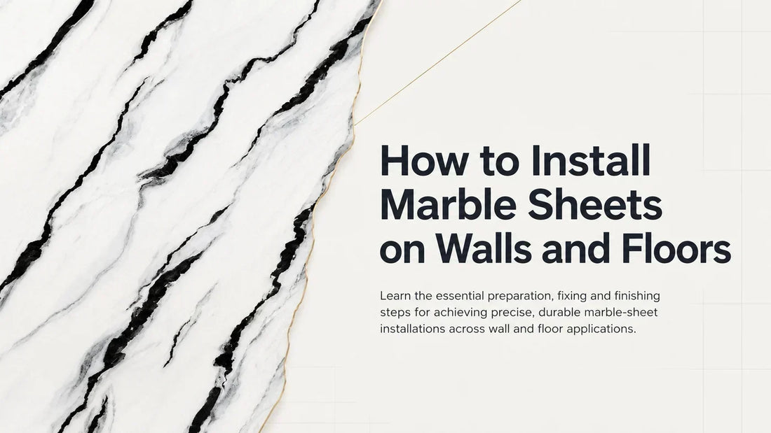 Installer measuring and marking a white marble-look sheet before cutting