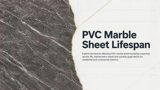 Dark marble sheet beside a clean title panel introducing factors that affect PVC marble sheet lifespan.