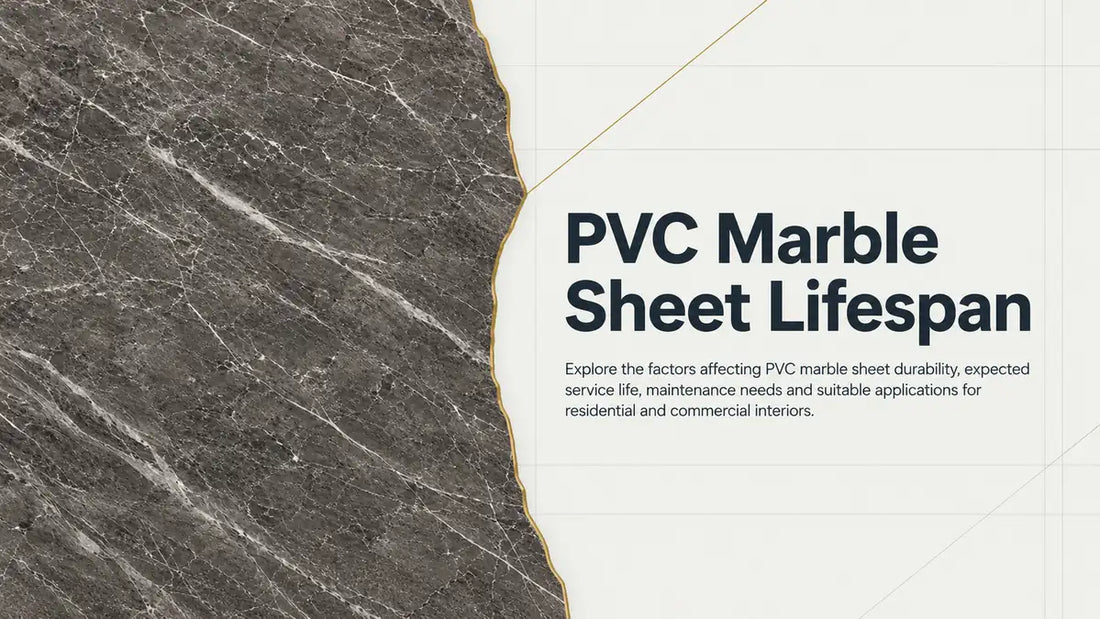 Dark marble sheet beside a clean title panel introducing factors that affect PVC marble sheet lifespan.